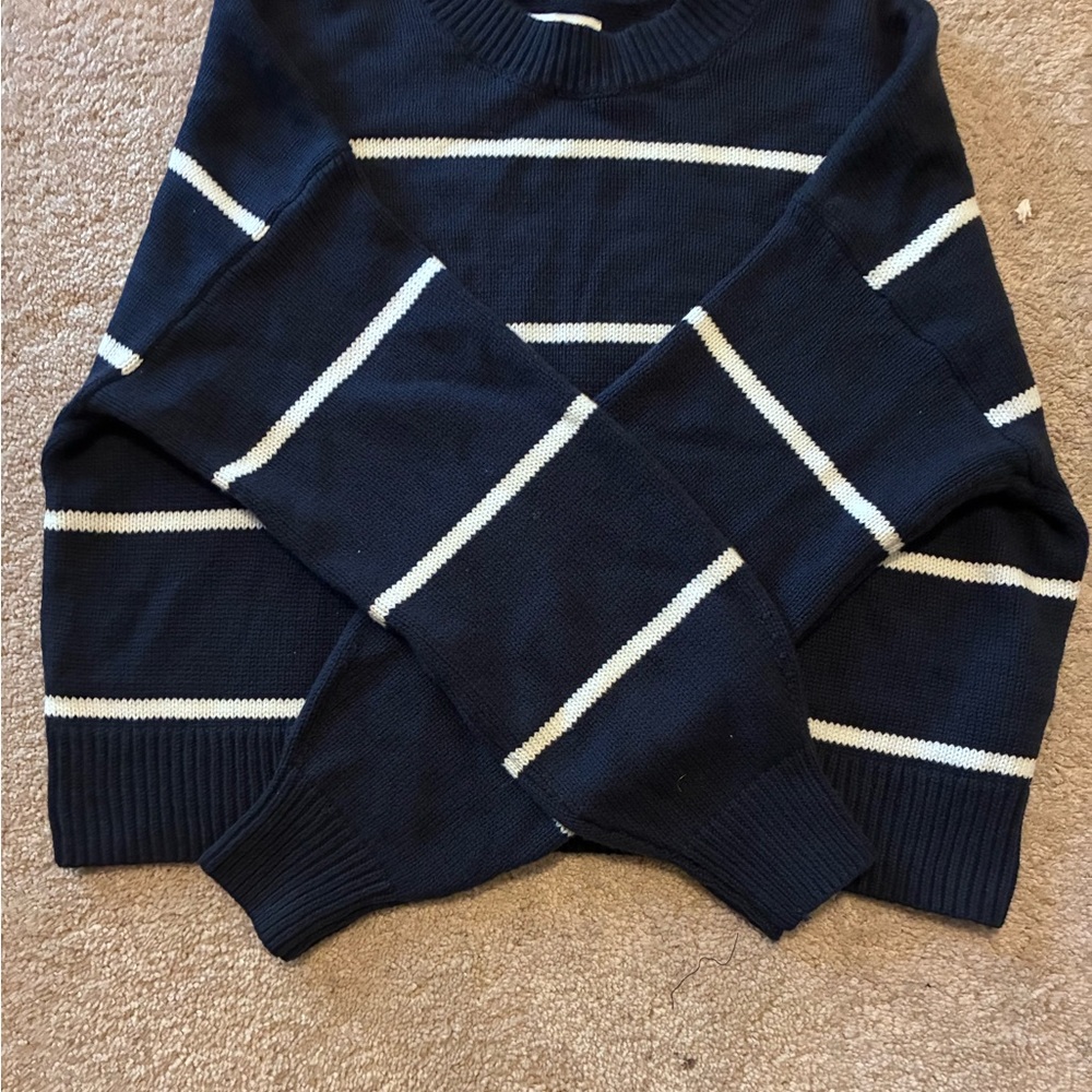 Hollister Navy and White Striped Crew Neck Sweater